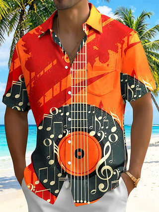 Vintage Vinyl Guitar Music Note Men's Pocket Short Sleeve Shirts