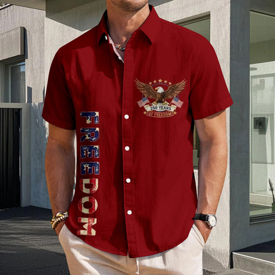 Men in red Hawaiian American flag short sleeve button up shirt at Independence Day fireworks display