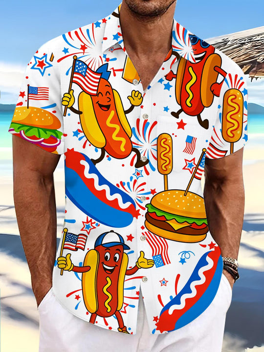 American Flag Hot Dog Burger Funny Print Men's Pocket Short Sleeve Shirts