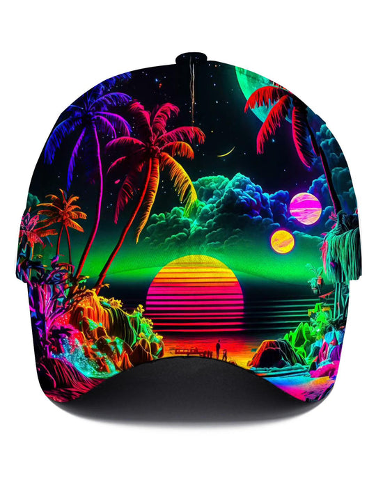 Men's Hawaiian coconut tree moon print baseball cap front view for tropical beach vacation
