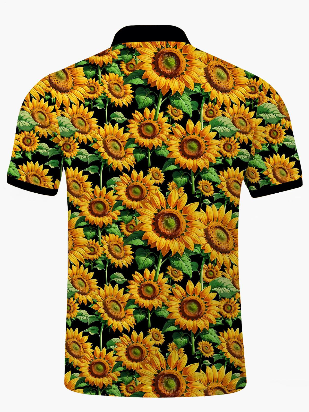 Sunflower Print Men's Short Sleeve Button Polo Shirt