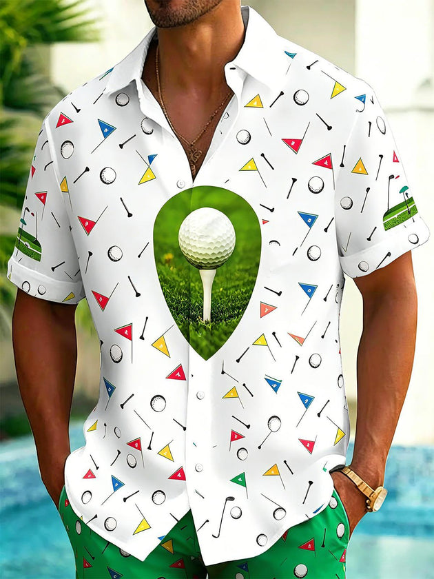 Men's short sleeve sports print pocket golf shirt front view