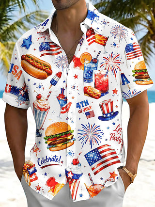 American Independence Day Hot Dog Burger Cocktail Festival Men's Pocket Short Sleeve Shirts