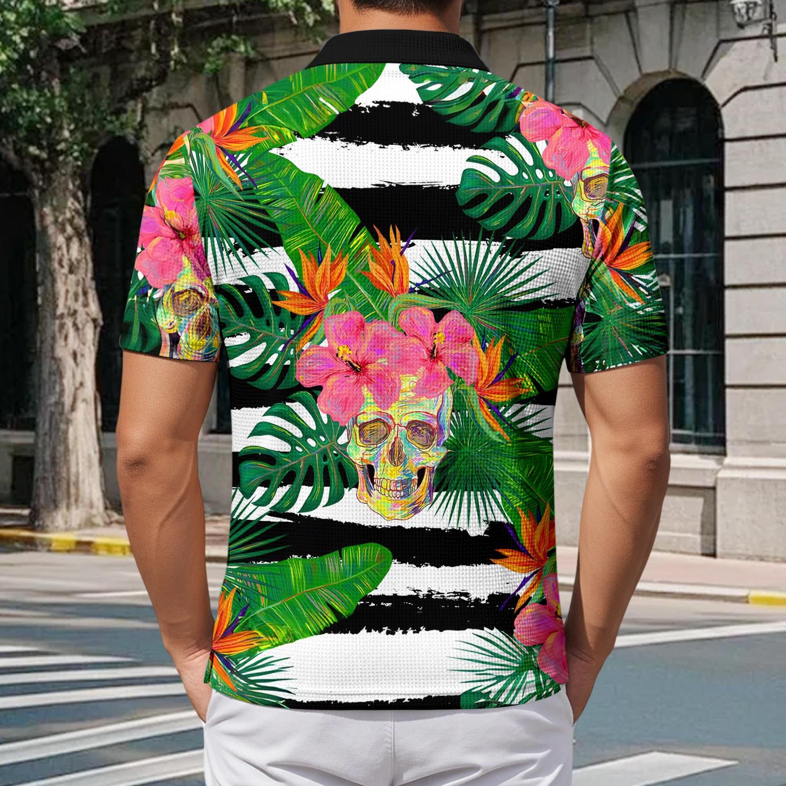 Skull Collared Tee Shirt for Men Waffle Floral Summer Short Sleeve Fashion Button Graphic Tee Shirt for Beach consistent