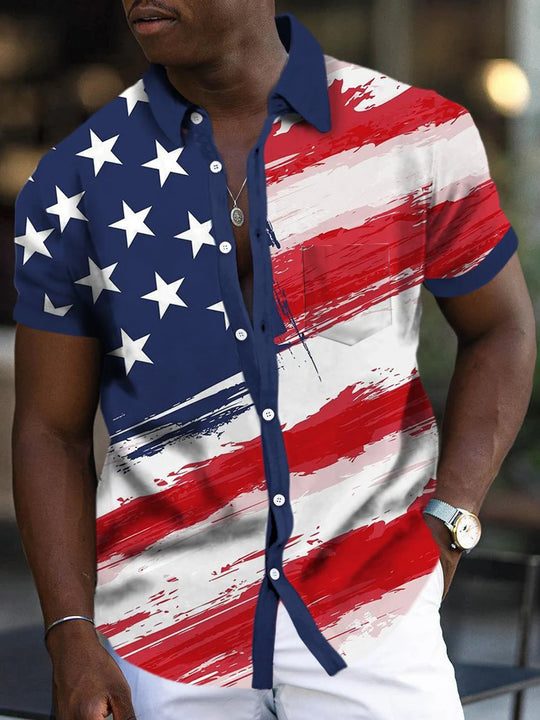 Men's American flag print short sleeve pocket shirt front view for Independence Day