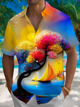 Men's colorful floral tree boat print short sleeve shirt front view