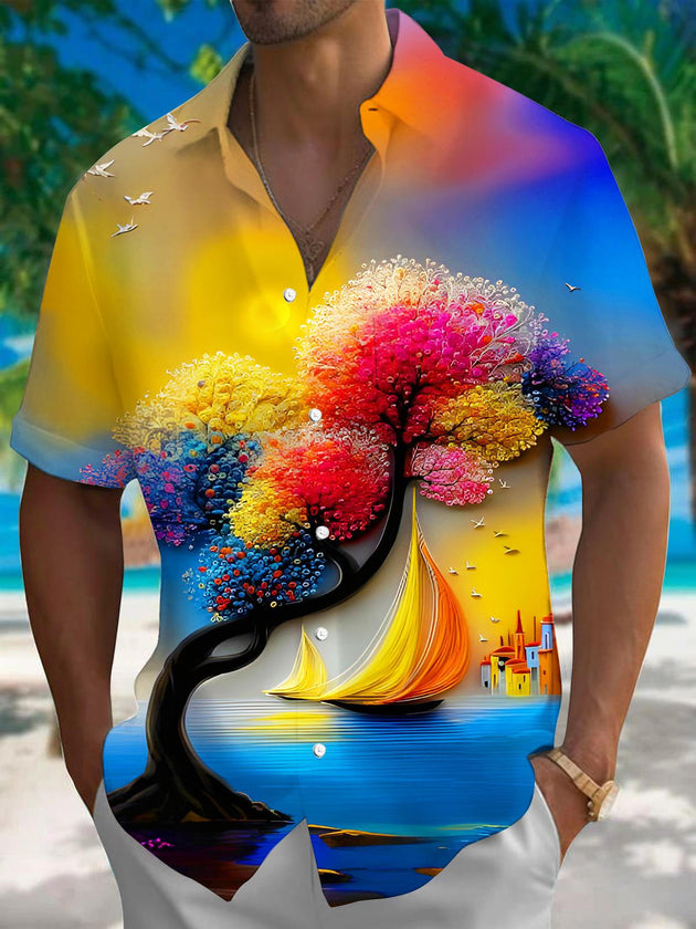 Men's colorful floral tree boat print short sleeve shirt front view