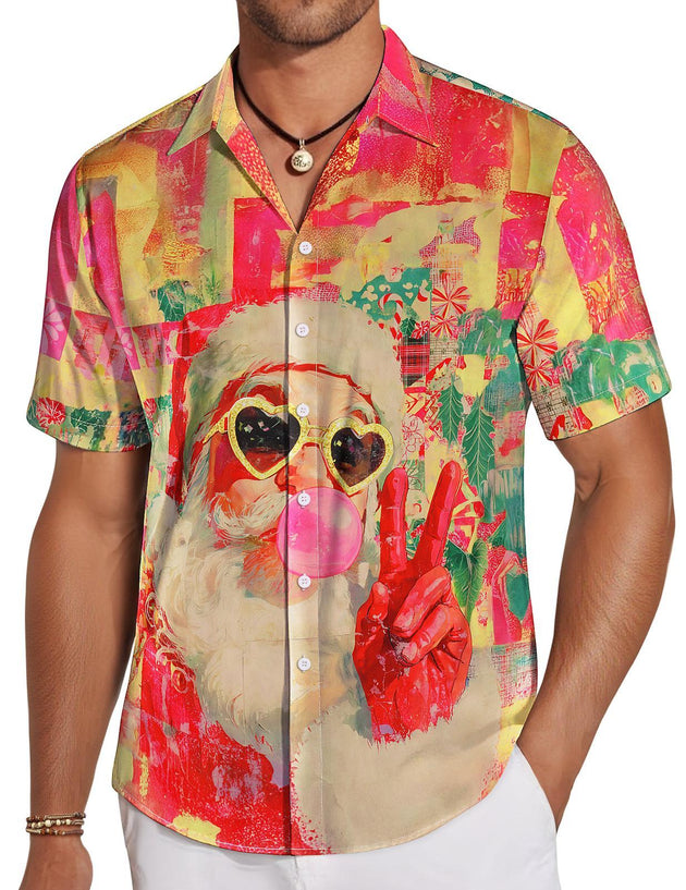 Adaychic Men's Hawaiian Shirts Button Down Santa Printed Short Sleeve Lapel Hawaiian Shirt Loose Fit Summer Tops for Vacation security
