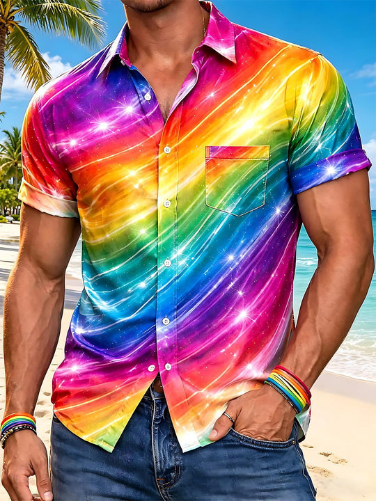 Pride Month Colorful Galaxy Sparkle Gradient Men's Pocket Short Sleeve Shirts