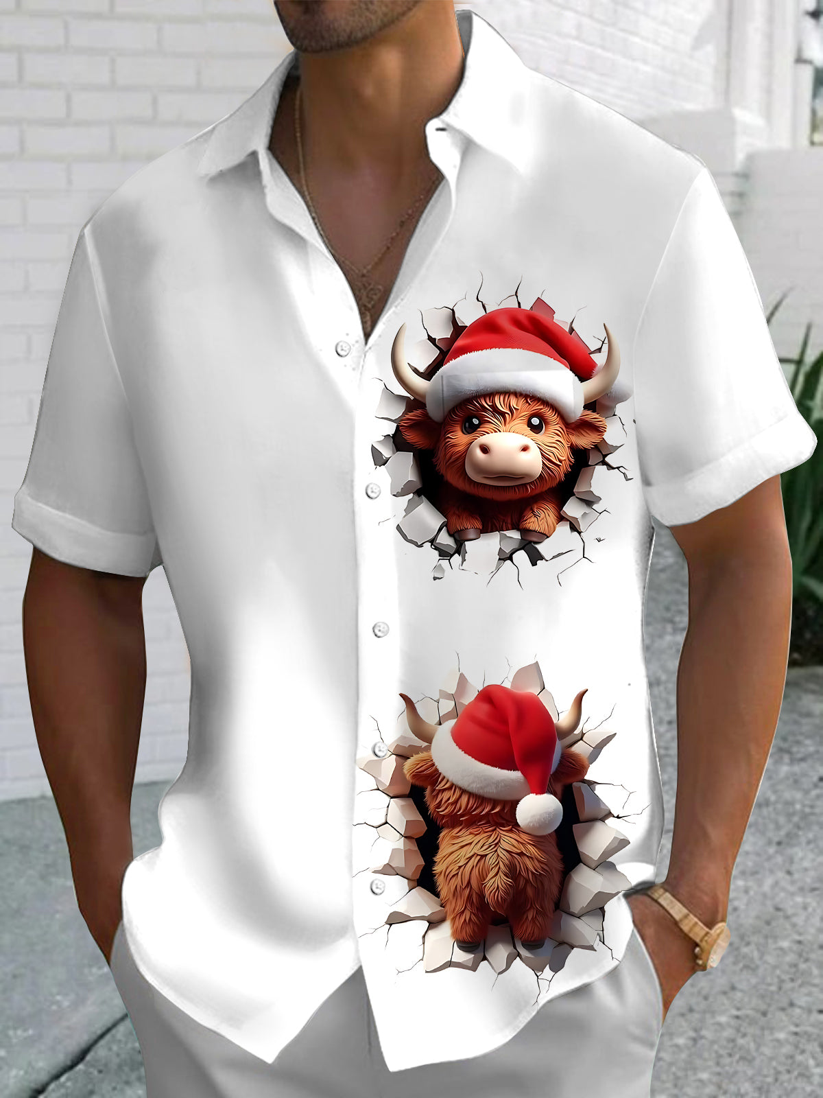 Christmas Cow Print Men's Pocket Short Sleeve Shirts