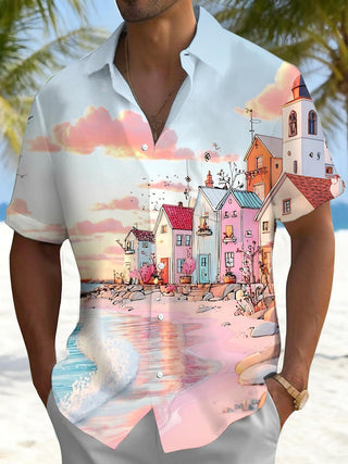 Men's coastal house print short sleeve shirt front view beach vacation