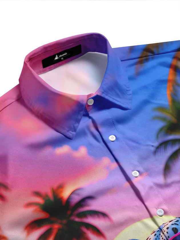 Women's short sleeve Hawaiian shirt back view with snow leopard and pink float pattern