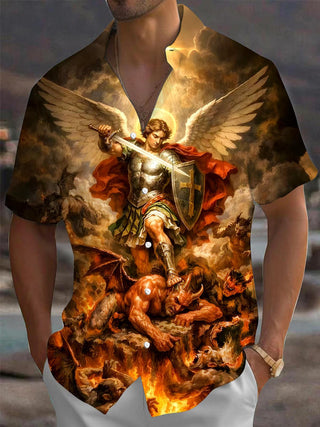 men's short sleeve Christianity print pocket shirt front view
