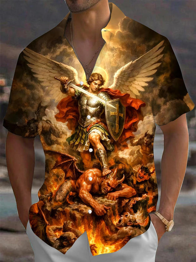 men's short sleeve Christianity print pocket shirt front view