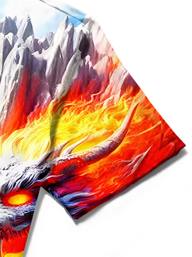 men's dragon print shirt close-up short sleeve