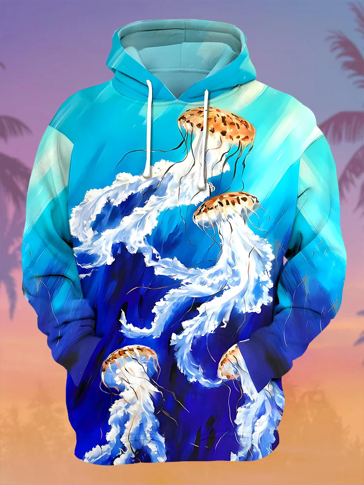 Hawaiian Jellyfish Men's Long Sleeve Printing Pocket Hooded Sweatshirt