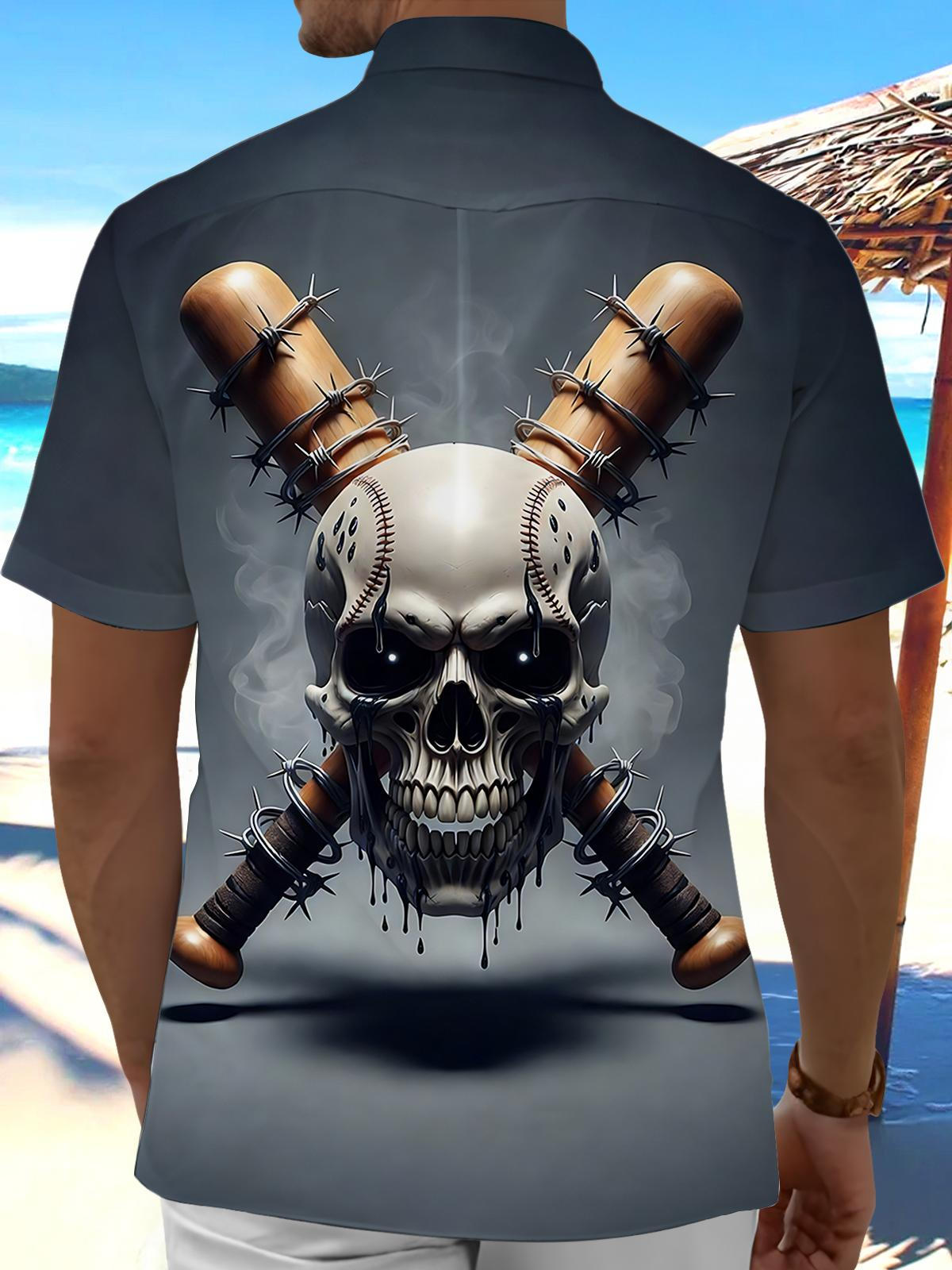 Baseball Skull Print Men's Pocket Short Sleeve Shirts