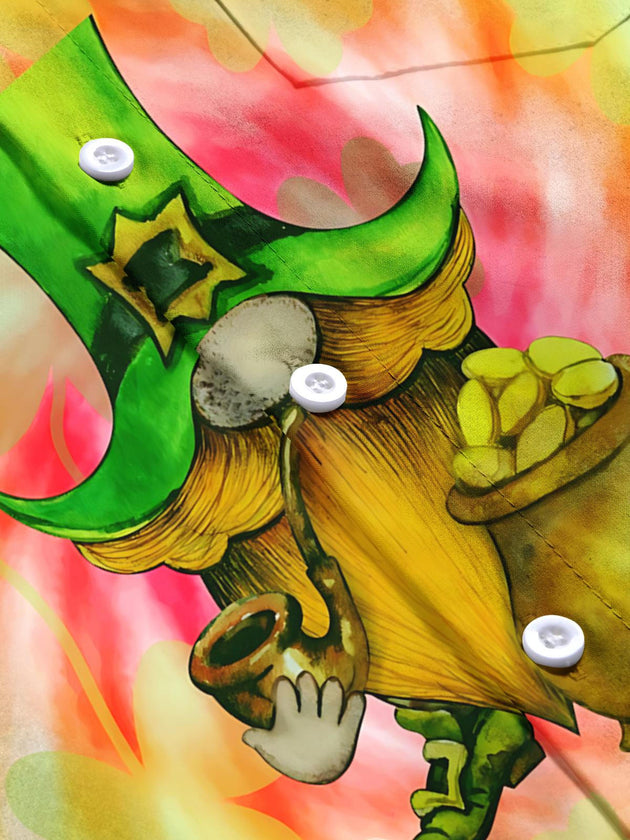 St. Patrick's Day Gnome Clover Tie Dye Print Men's Pocket Short Sleeve Shirts