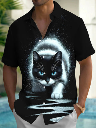 Men's cat pattern short sleeve shirt front view