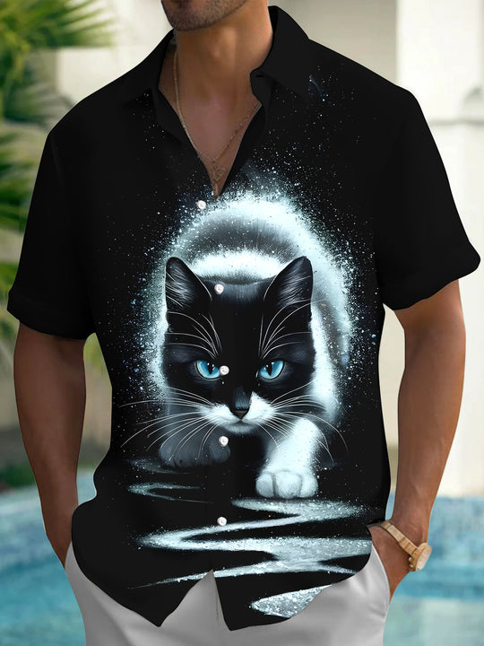 Men's cat pattern short sleeve shirt front view