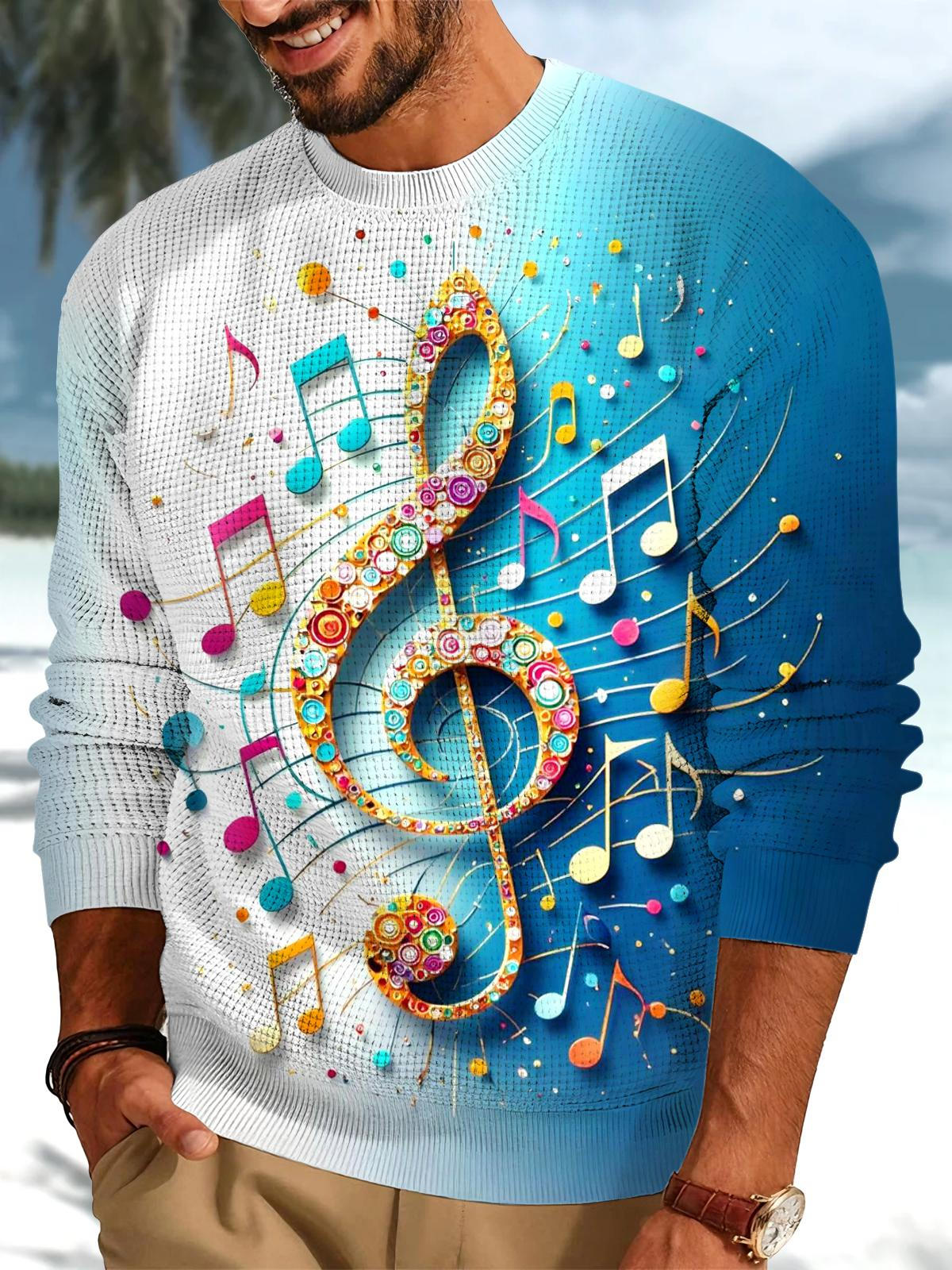 Musical Note Men's Long Sleeve Round Neck Tops