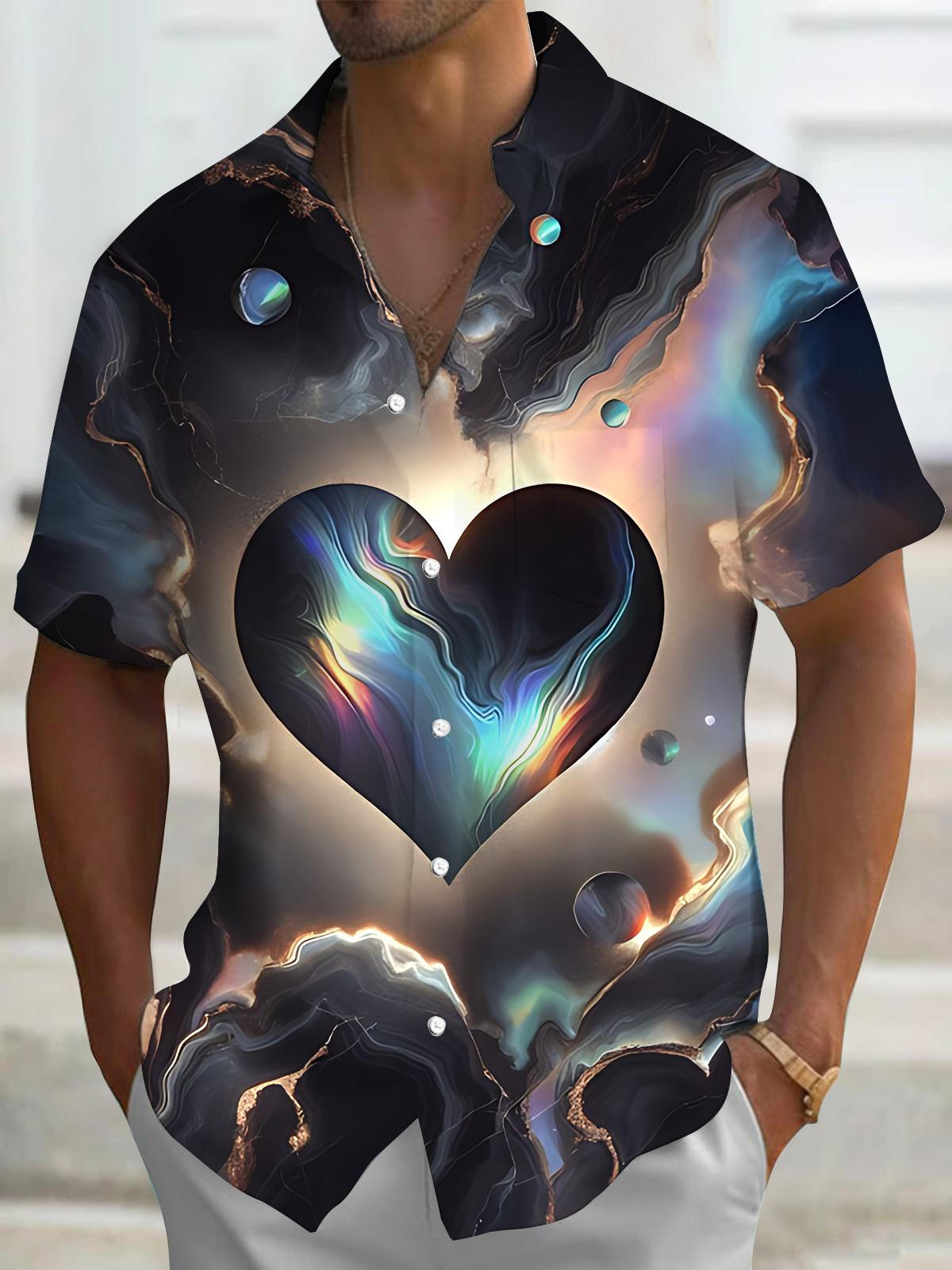 Gradient Heart Print Men's Pocket Short Sleeve Shirts