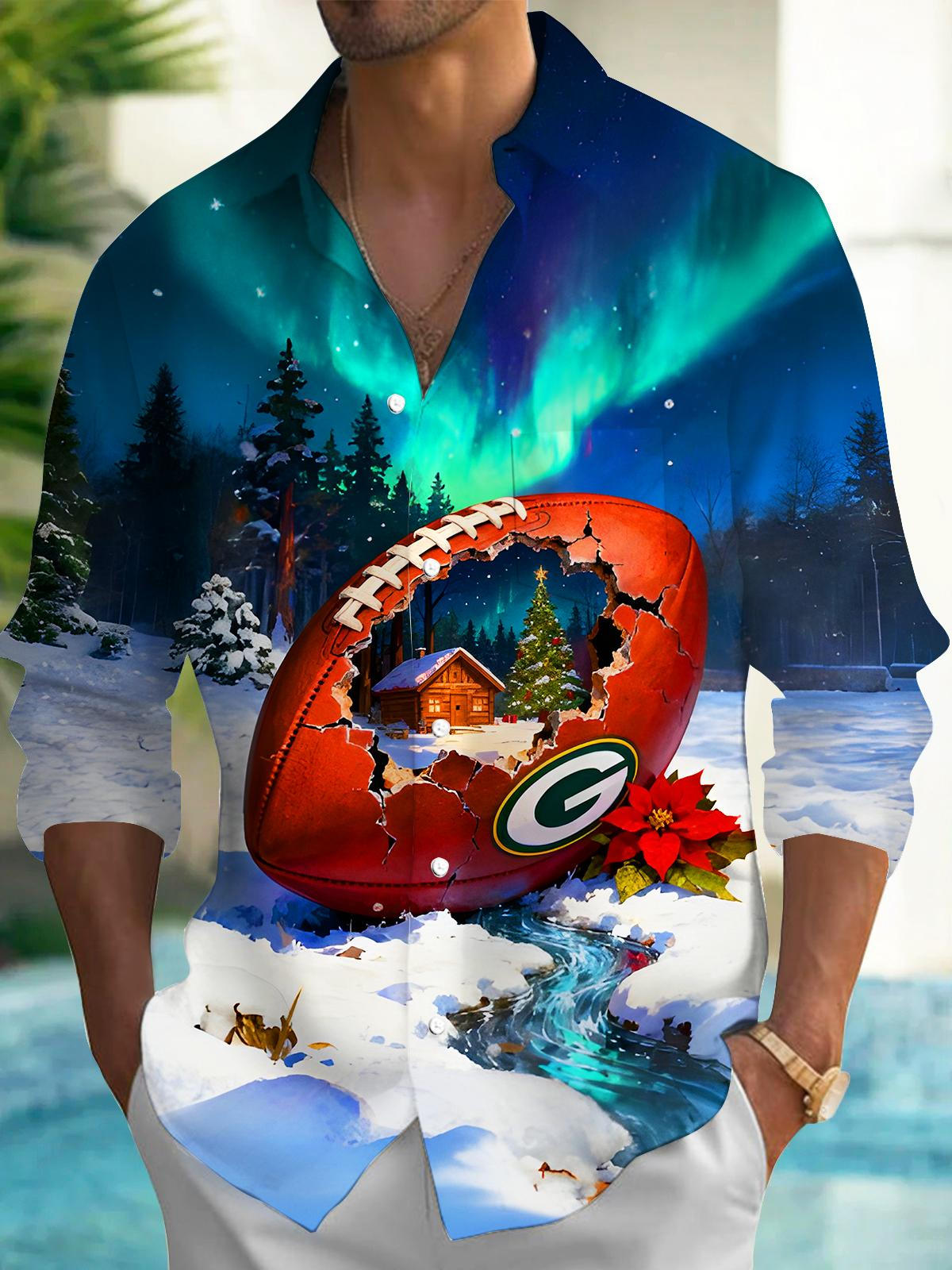 Winter Snow Scene Aurora Borealis Rugby Ball Christmas Tree Houses Men's Pocket Long Sleeve Shirts