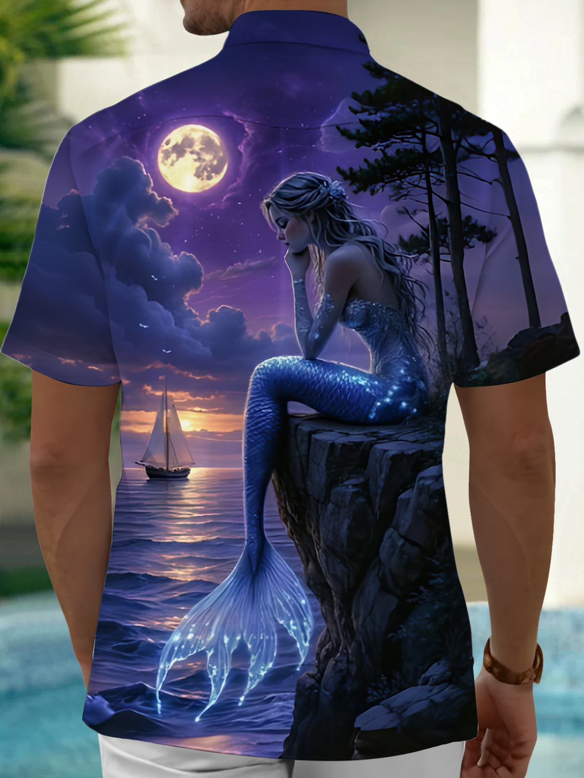 Mermaid Moon Boat Print Men's Pocket Short Sleeve Shirts