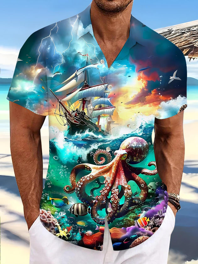 Men's Hawaiian ocean print short sleeve shirt front view for tropical beach vacation