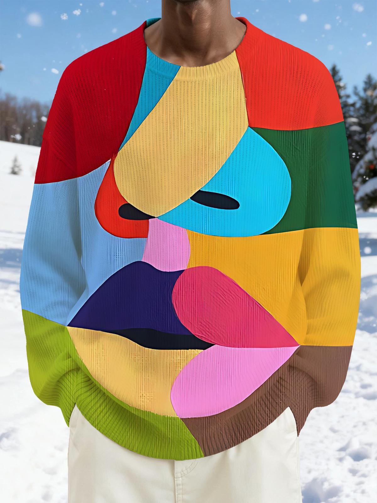 Abstract Geometric Face Art Print Men's Long Sleeve Round Neck Tops