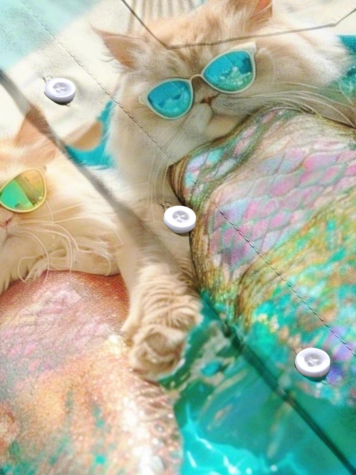 Hawaiian Beach Cat Mermaid Print Men's Pocket Short Sleeve Shirts