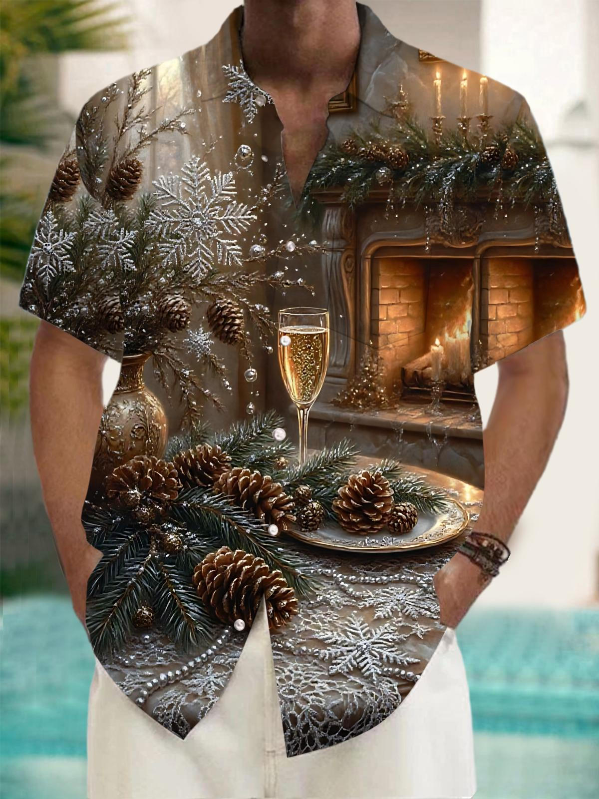 Champagne Pinecone Print Men's Pocket Short Sleeve Shirts