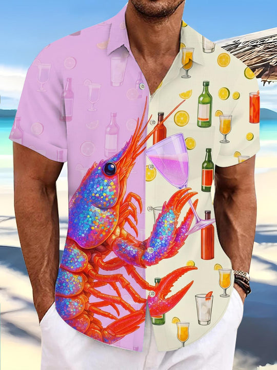 Funny Lobster Cocktail Hawaiian Print Men's Pocket Short Sleeve Shirts