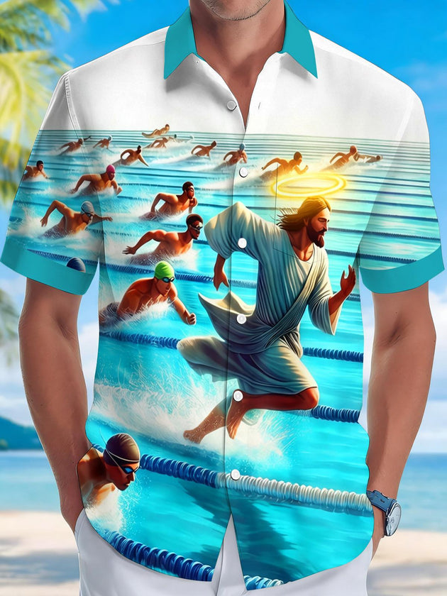 Fun Jesus Swimming Race Religious Men's Pocket Short Sleeve Shirts