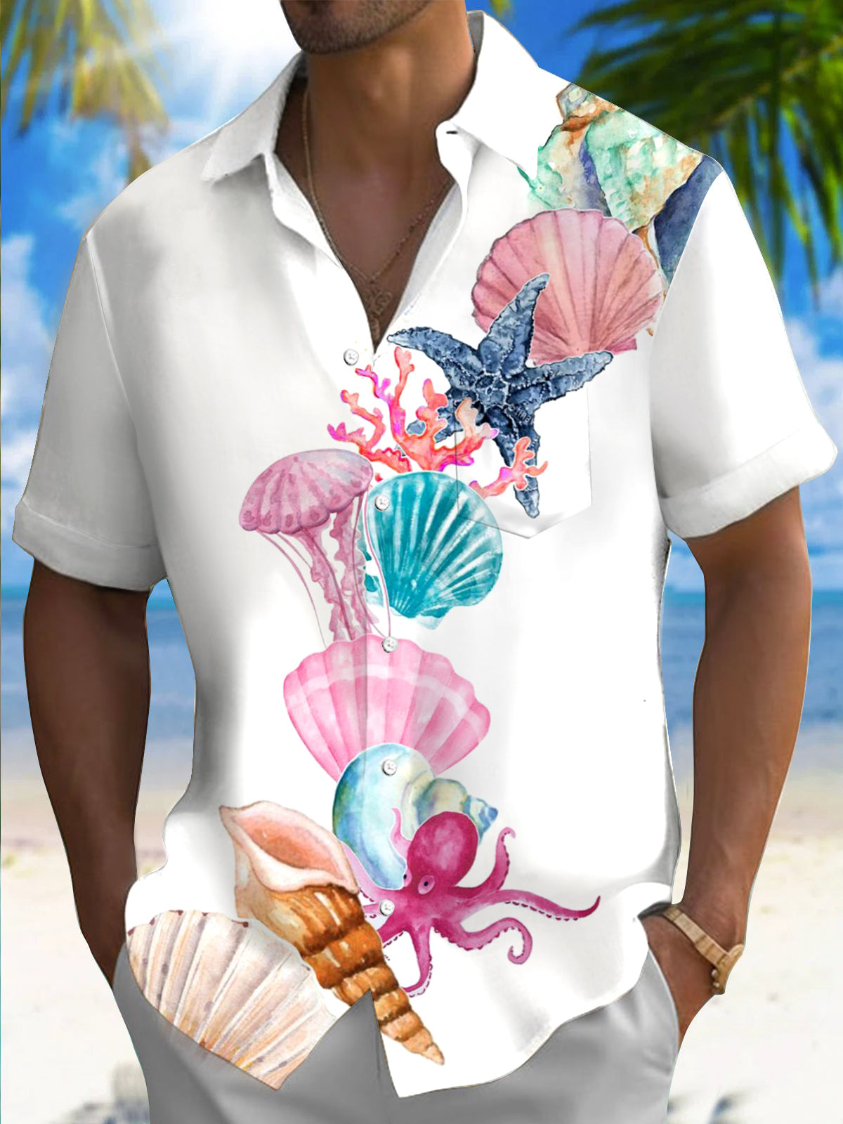 Marine Life Print Men's Pocket Short Sleeve Shirts