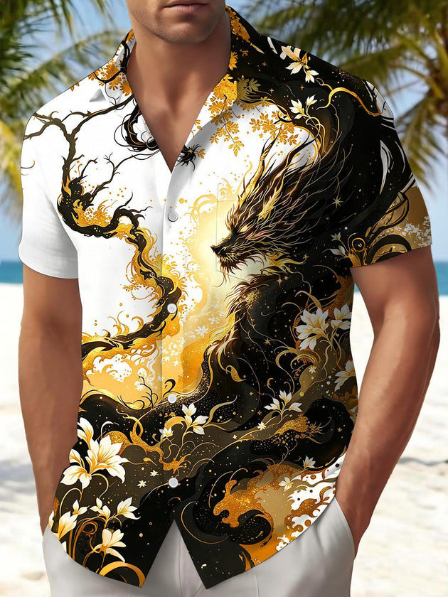 Art Gilded Black Golden Dragon Pattern Flower Men's Pocket Short Sleeve Shirts