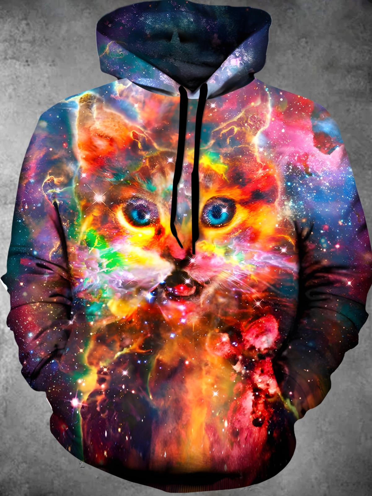 Cat Print Long Sleeve Hooded Pocket Men's Top