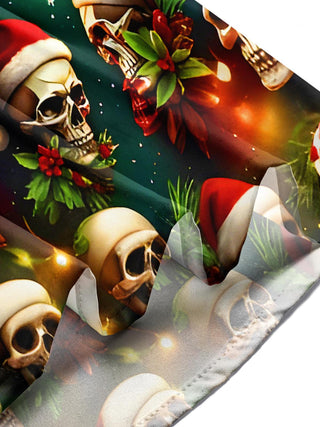Men's festive skull print long sleeve shirt lifestyle photo at Christmas holiday party