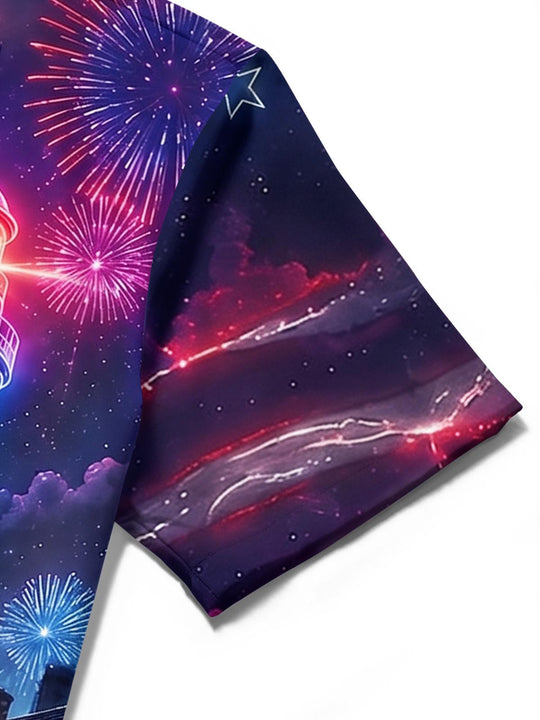 Independence Day Lighthouse Neon Night Scene Men's Pocket Short Sleeve Shirts