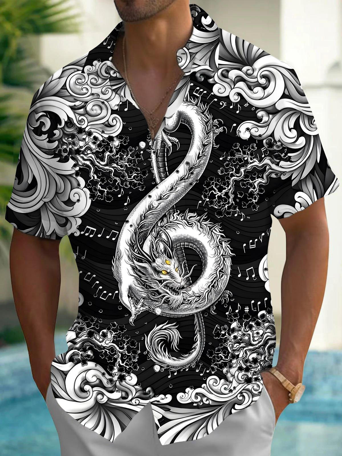 Musical Note Dragon Men's Pocket Short Sleeve Shirts