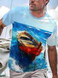 Oil Painting Boat Round Neck Short Sleeve Men's T-shirt