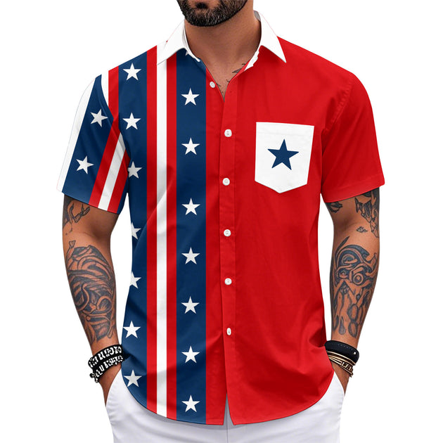 Hawaiian American Flag Shirt Stars and Stripes Patriotic Button Down Shirts Casual Resort Wear for Daily Wear imaginative