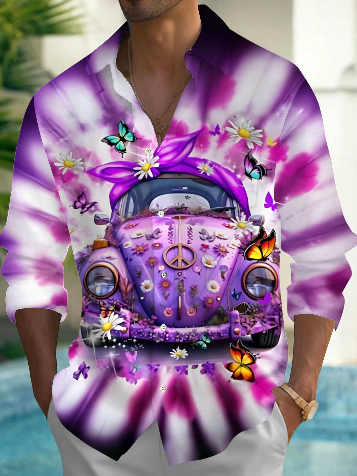 Hippie Car Tie Dye Print Men's Pocket Long Sleeve Shirts