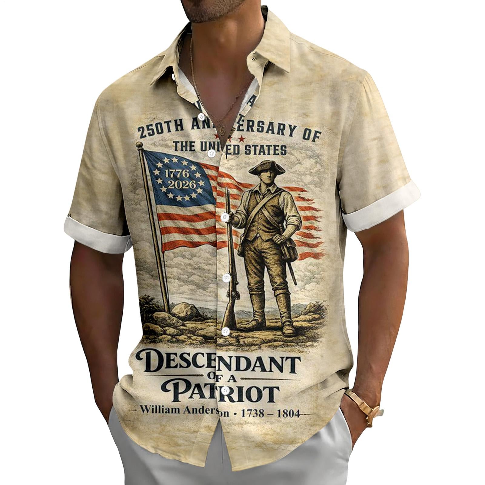 Men's red white blue American flag short sleeve Hawaiian shirt lifestyle shot at Independence Day parade, casual tropical