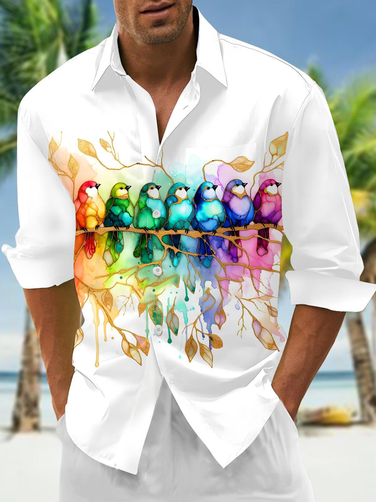 Tie Dye Colorful Birds Leaves Men's Pocket Long Sleeve Shirts