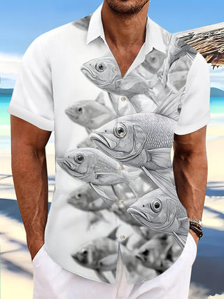 Men's fish print short sleeve shirt front view