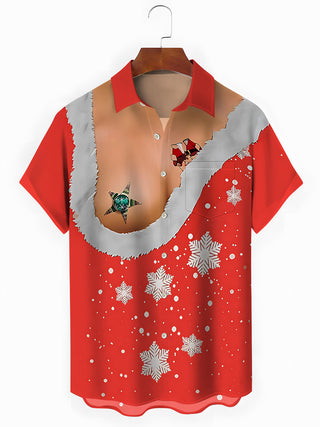 Men's funny Christmas print short sleeve shirt front view for holiday party