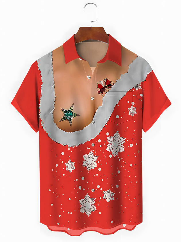 Men's funny Christmas print short sleeve shirt front view for holiday party