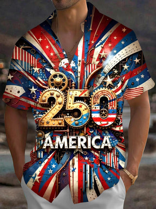 Men's American flag print short sleeve shirt front view for Independence Day