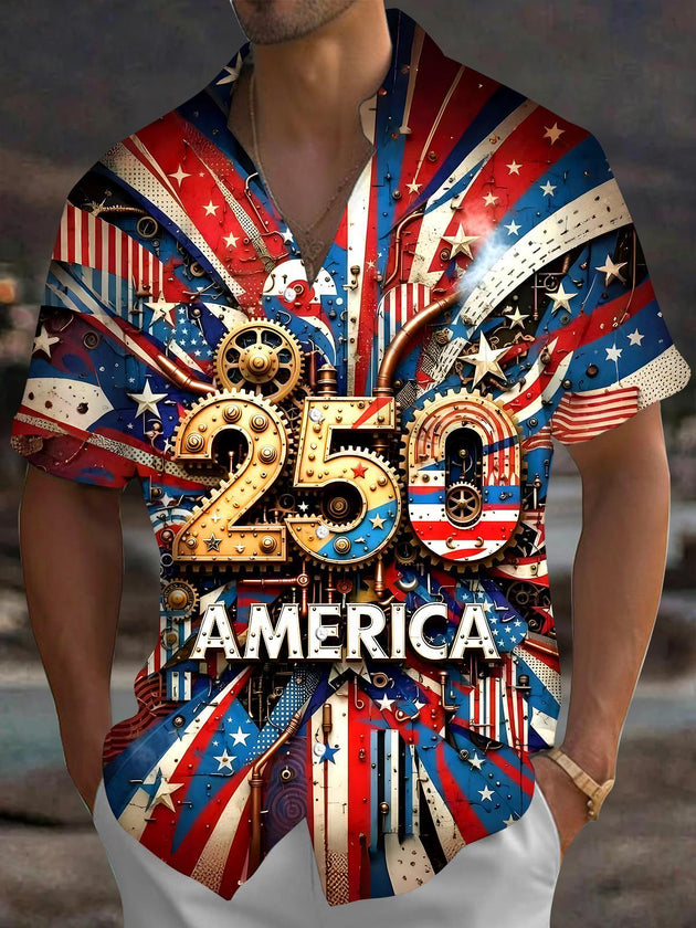 Men's American flag print short sleeve shirt front view for Independence Day